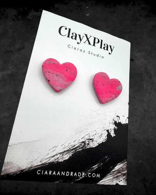 Pink & Gray Medium Polymer Clay Heart Studs Handmade