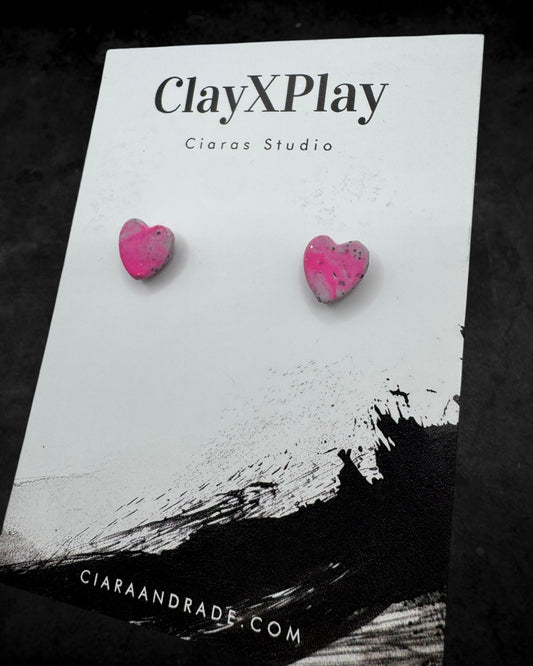 Pink & Gray Mini Heart Polymer Clay Stud Earrings Handmade