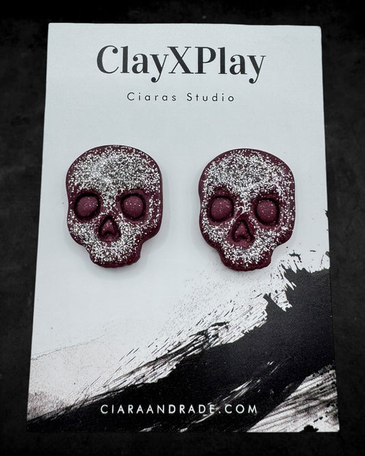 Silver Glitter Red Skull XL Polymer Clay Stud Earrings Handmade