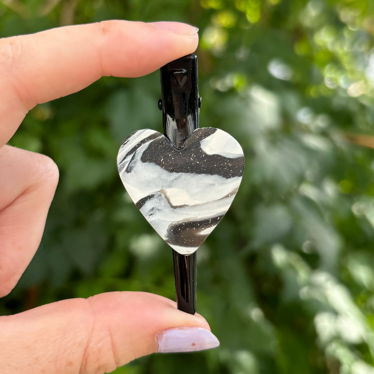 Marbled Black & White Polymer Clay Heart Hair 2 Clip Handmade Hair Accessory