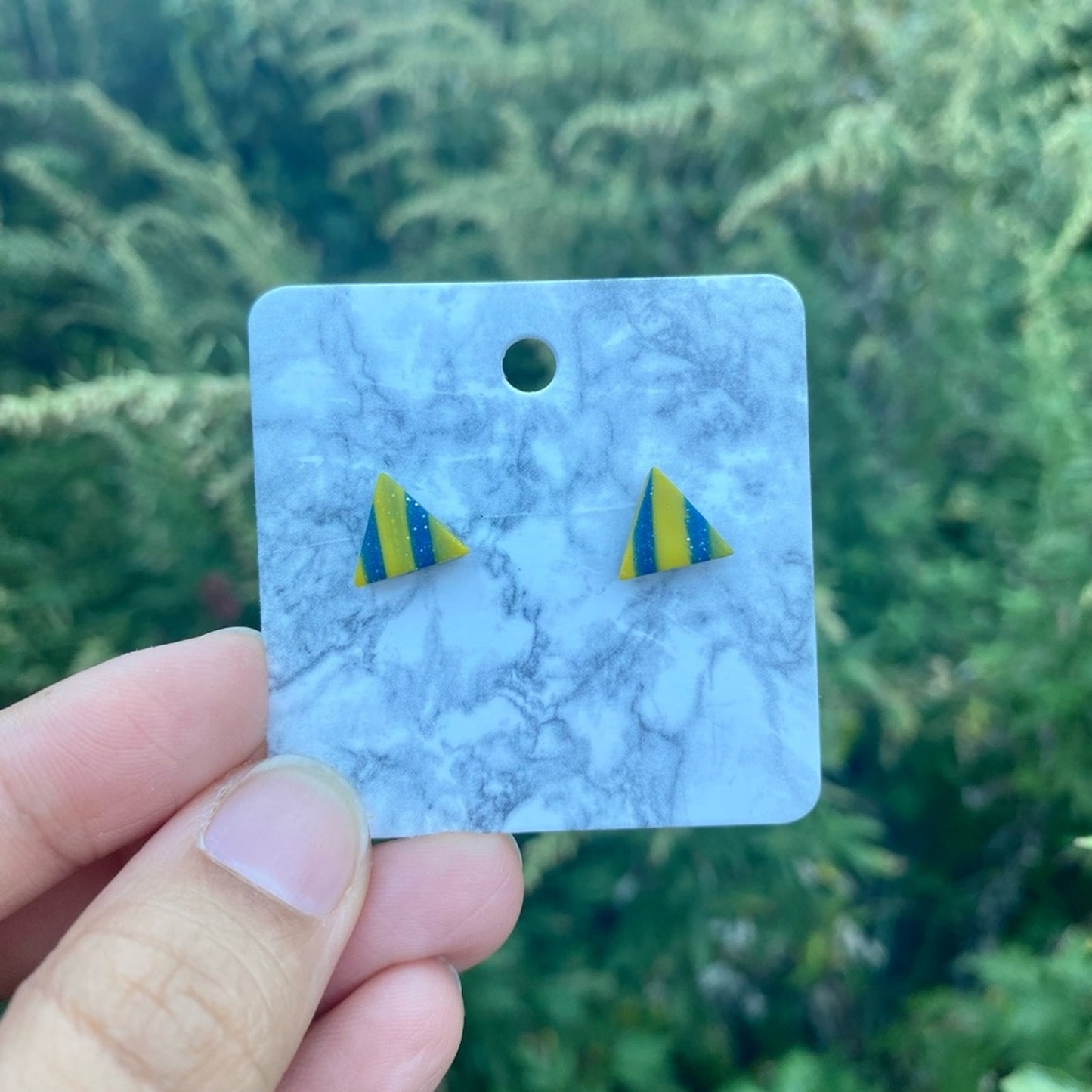 Mini Triangle Yellow & Blue Polymer Clay Stud Earrings Handmade
