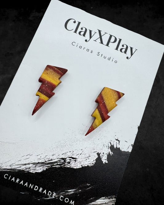 Lightning Bolt Red & Yellow Small Polymer Clay Stud Earrings Handmade
