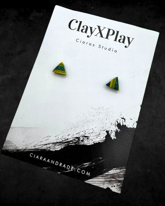 Tiny Triangle Yellow & Blue Polymer Clay Stud Earrings Handmade