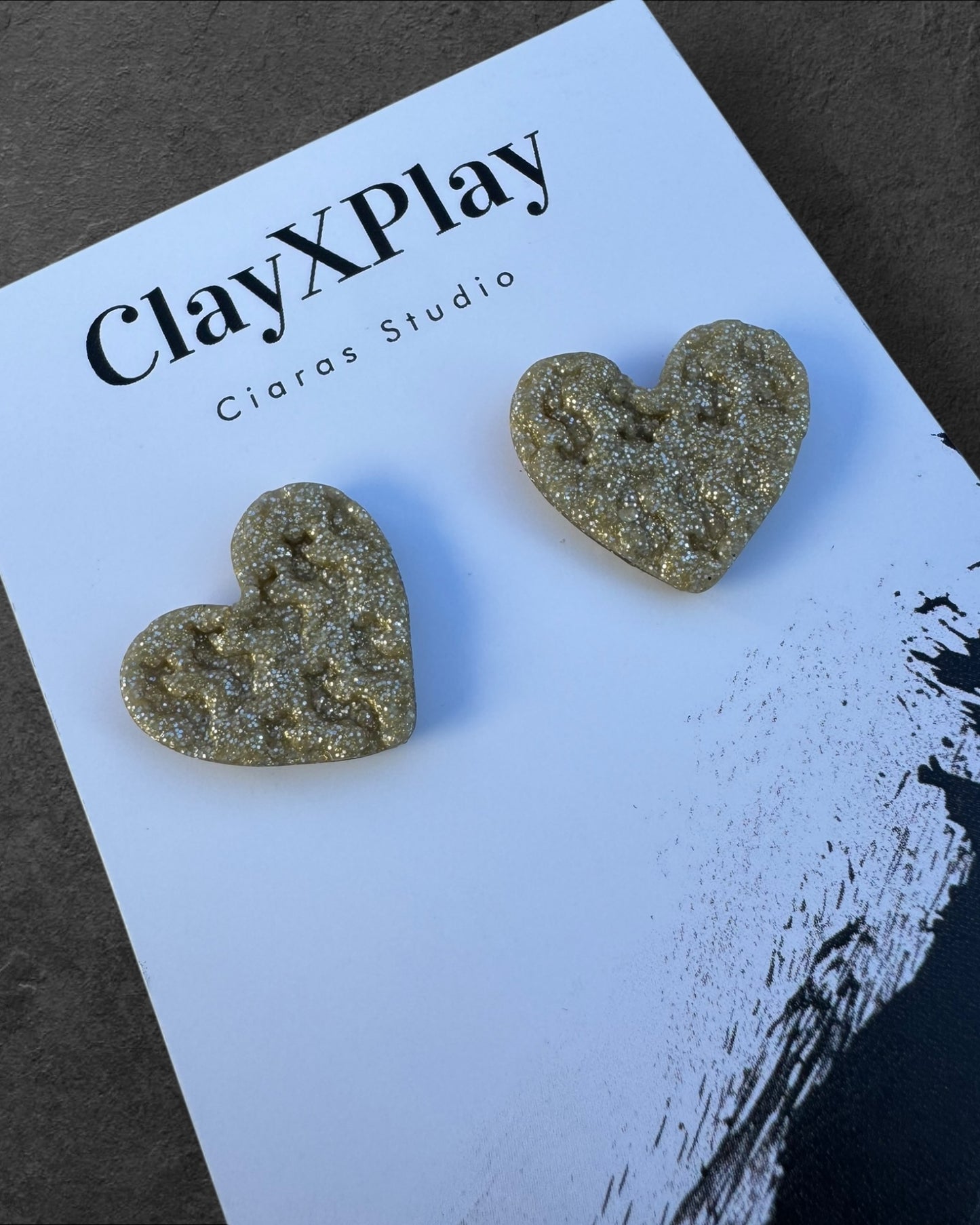 Money Magic Medium Gold Polymer Clay Heart Stud Earrings Handmade