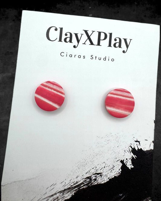 Pink & White Medium Round Polymer Clay Stud Earrings Handmade