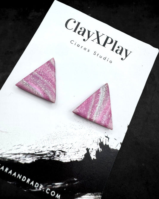 Pink & Silver Triangle Polymer Clay Stud Earrings Handmade