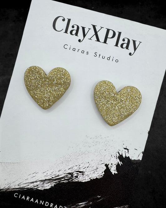 Gold Glitter Polymer Clay Medium Heart Stud Earrings – Handmade Elegance