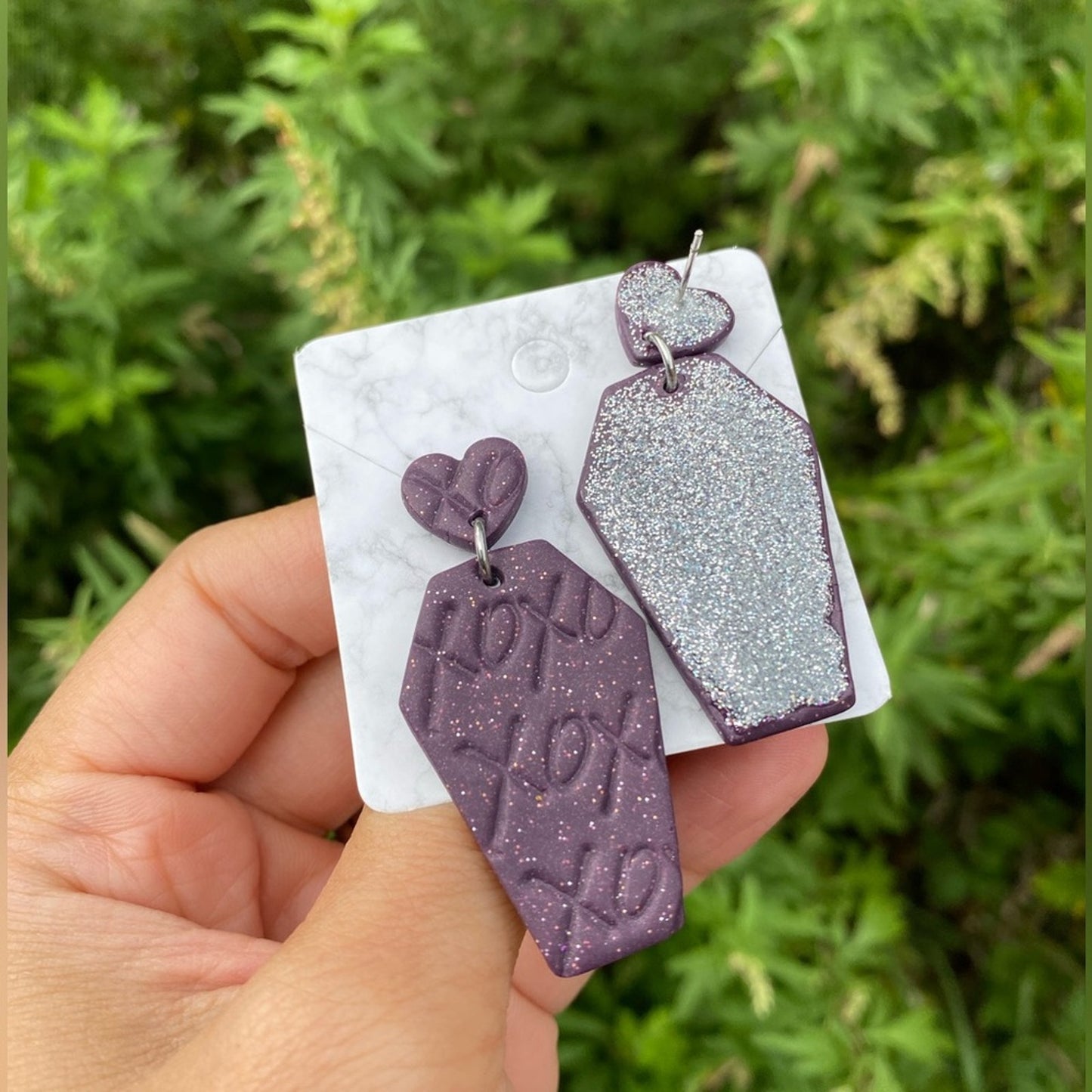 Till Death Do Us Part XOXO Purple Polymer Clay Heart Coffin Stud Earrings Handmade