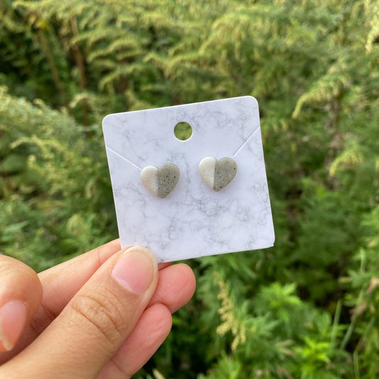 White & Gray Small Heart Polymer Clay Stud Earrings Handmade