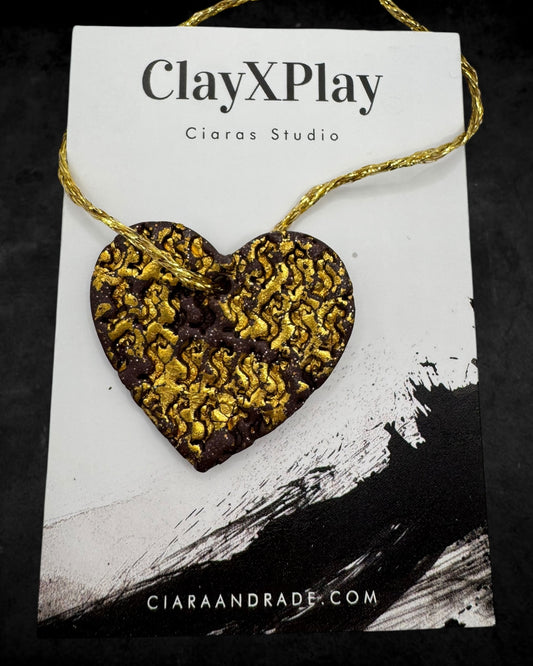 Money Magic Maroon & Gold Leaf Polymer Clay Heart Ornament Handmade