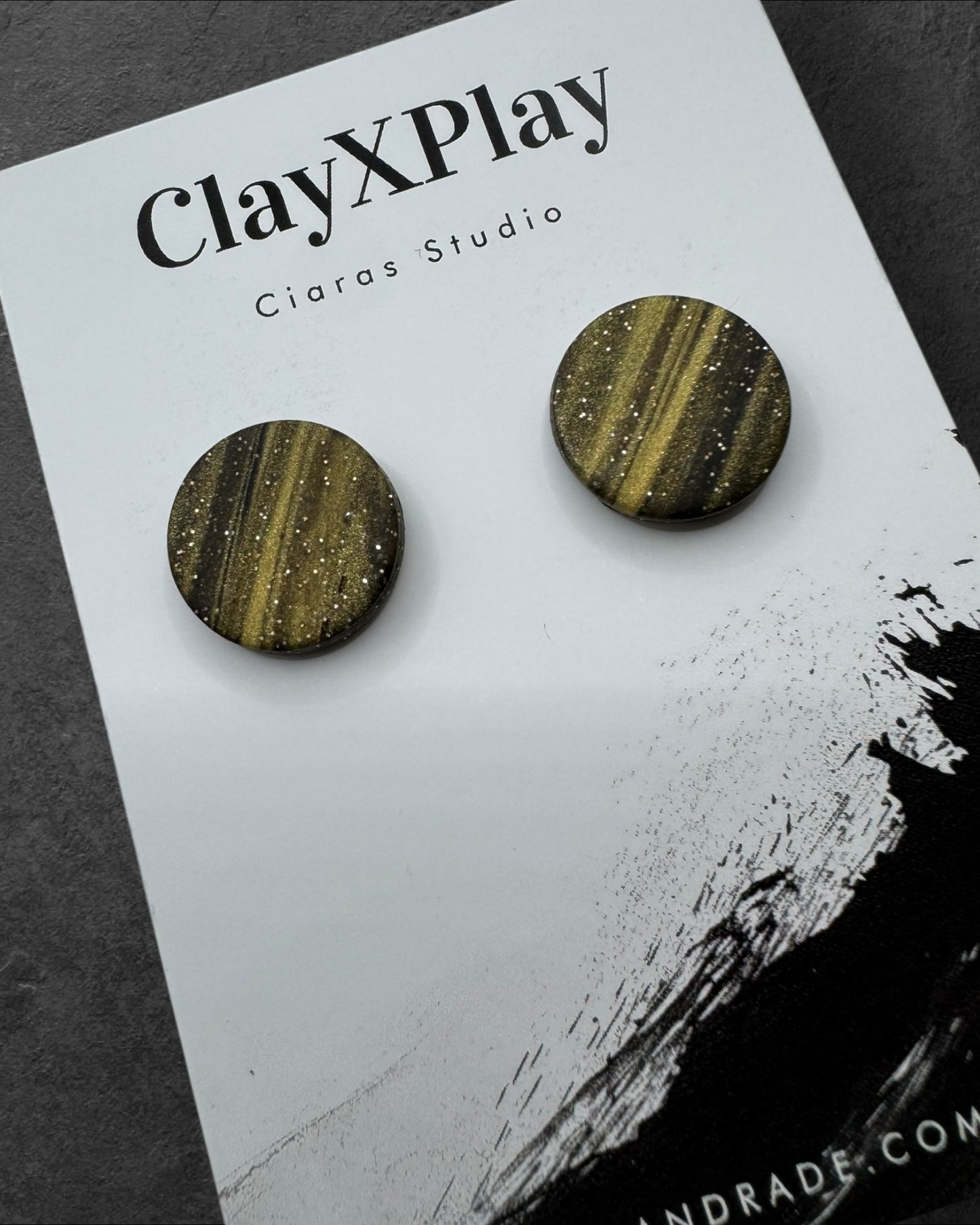 Gold & Black Striped Glitter Medium Polymer Clay Round Stud Earrings