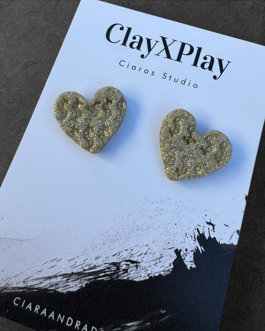 Money Magic Medium Gold Polymer Clay Heart Stud Earrings  Handmade