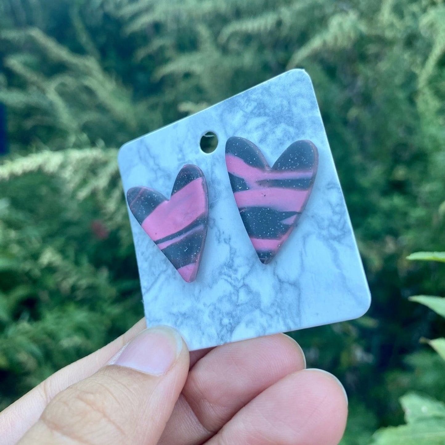 Pink & Gray Marbled Heart Handmade Polymer Clay Stud Earrings
