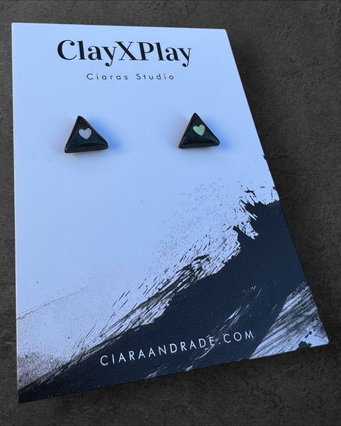 Mini Heart Black Triangle  Polymer Clay Stud Earrings Handmade