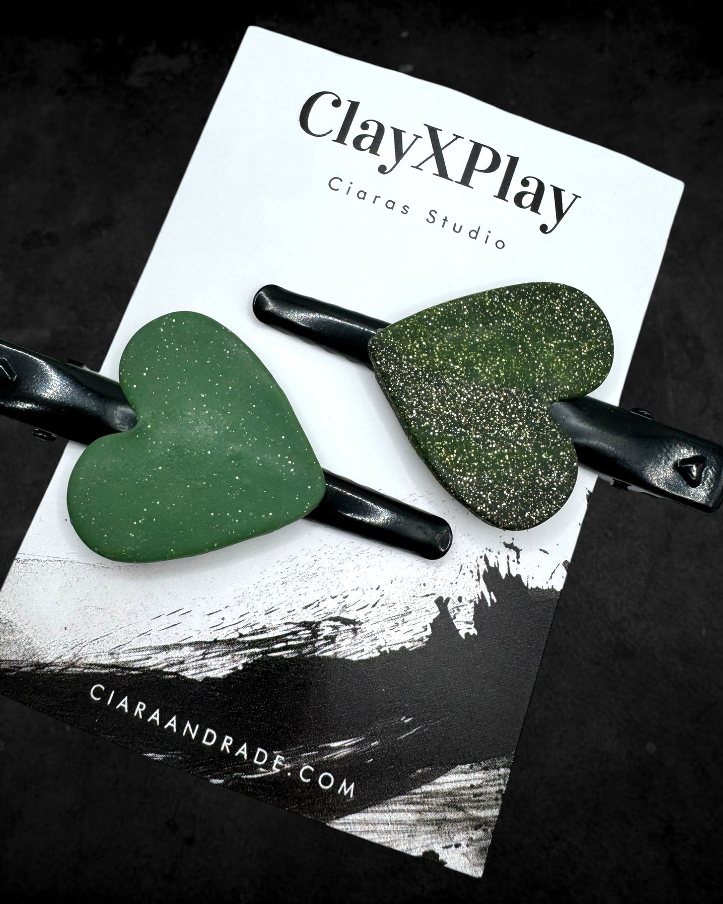 Two Green Glitter Polymer Clay Heart Hair Clip – Handmade Hair Accessory