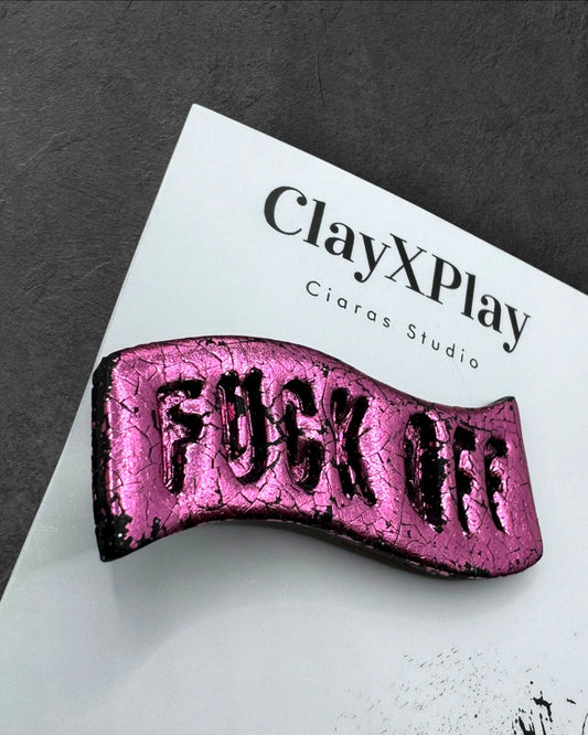 Fuck Off Pink Foil Polymer Clay Curved Hair Clip Handmade Hair Accessory