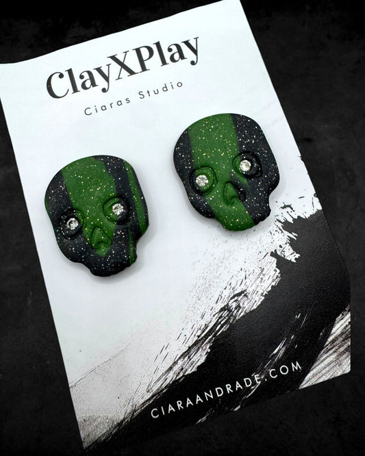 Diamond Eye Skull Black & Green Marbled XL Polymer Clay Stud Earrings Handmade