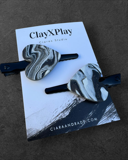 Marbled Black & White Polymer Clay Heart Hair 2 Clip Handmade Hair Accessory