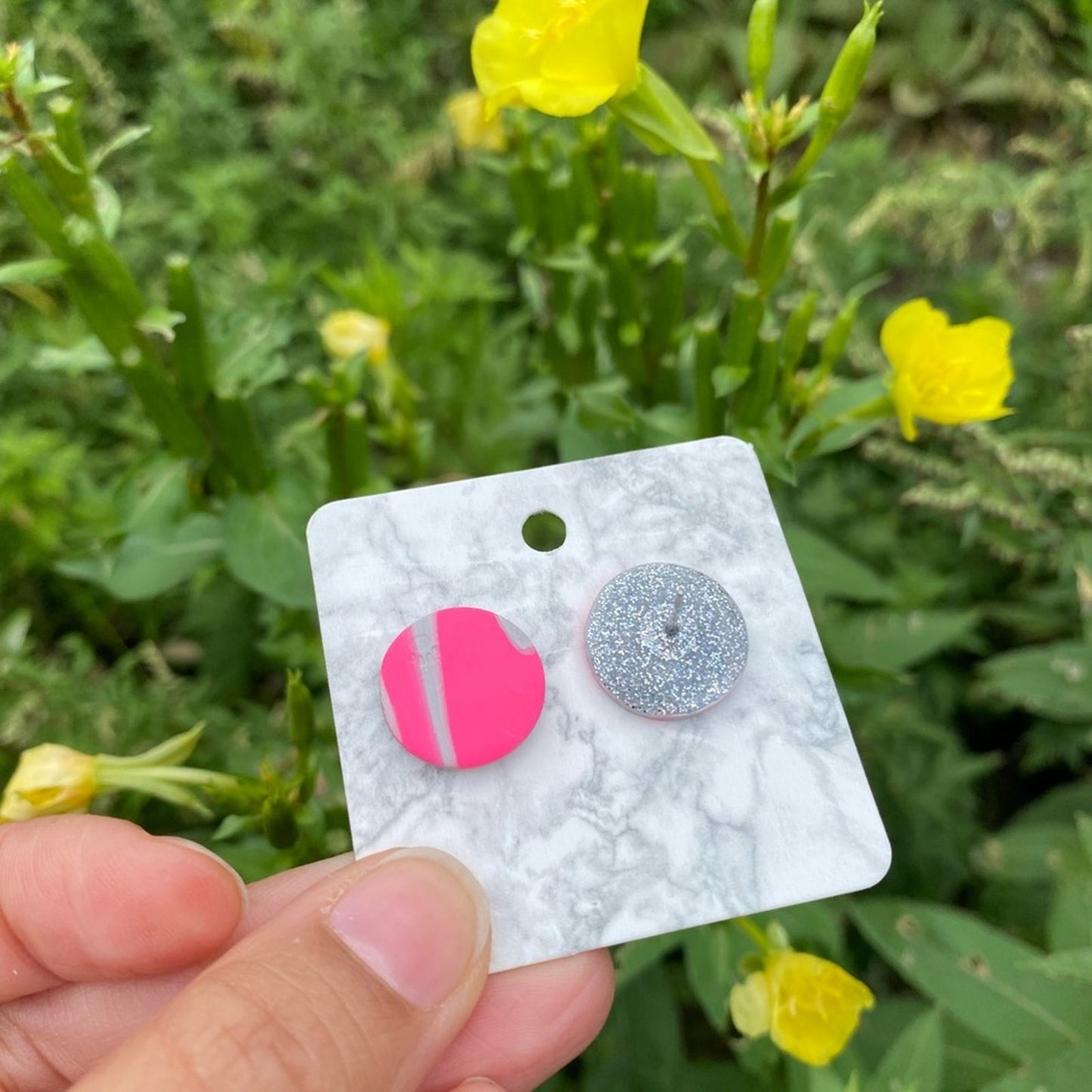 Pink & Gray Round Handmade Polymer Clay Stud Earrings
