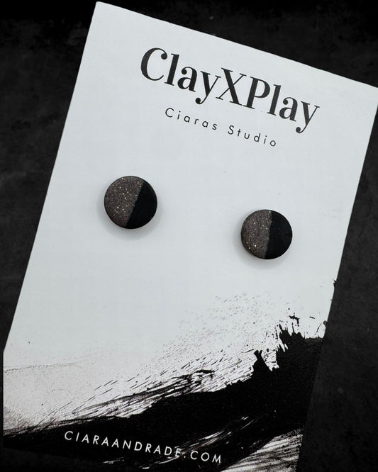 Black & Gray Mini Round Polymer Clay Stud Earrings Handmade