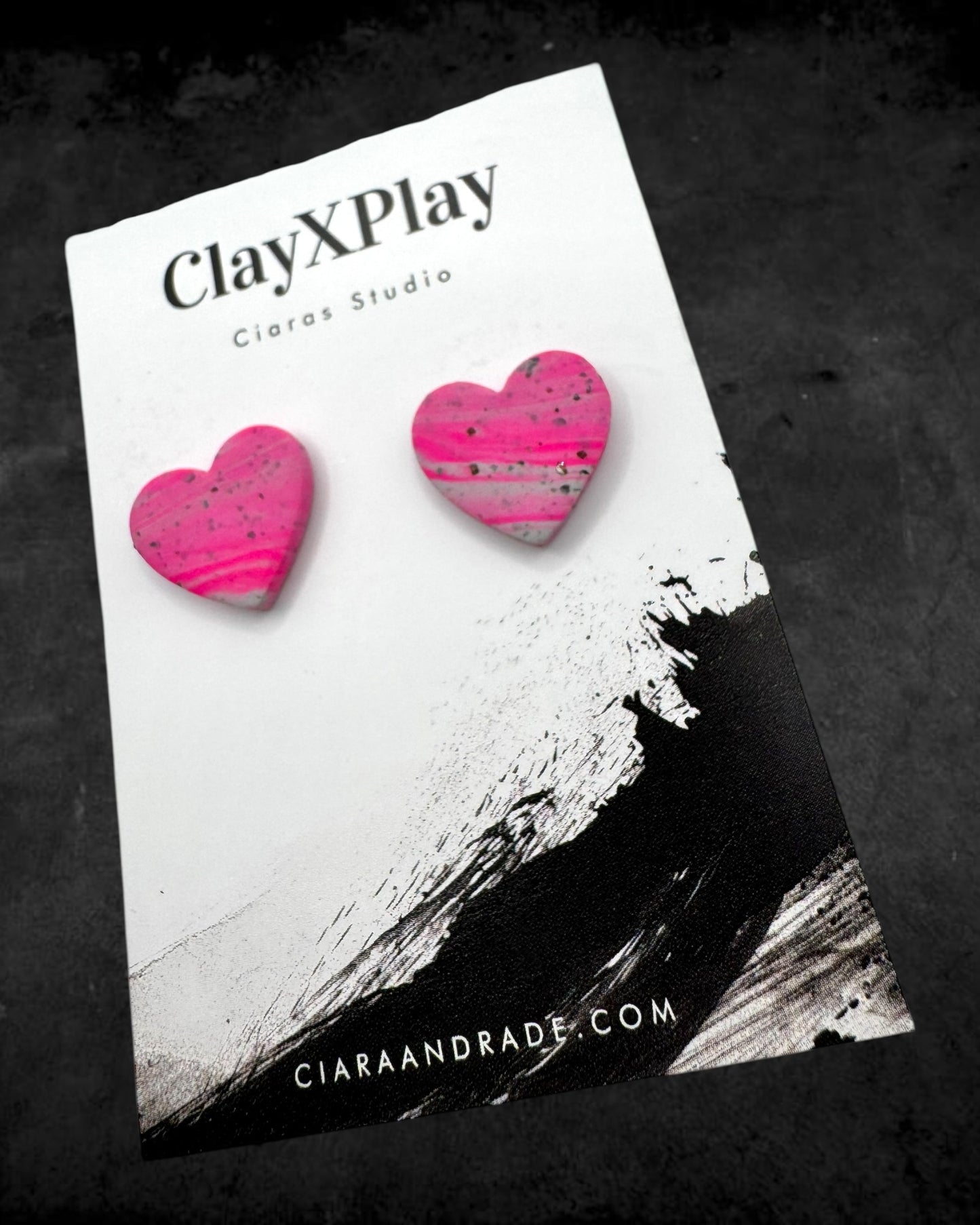 Pink & Gray Medium Polymer Clay Heart Studs Handmade