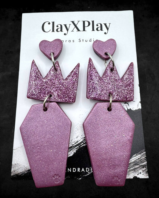 Queen Of The Dead Purple Polymer Clay Heart Coffin Stud Earrings Handmade