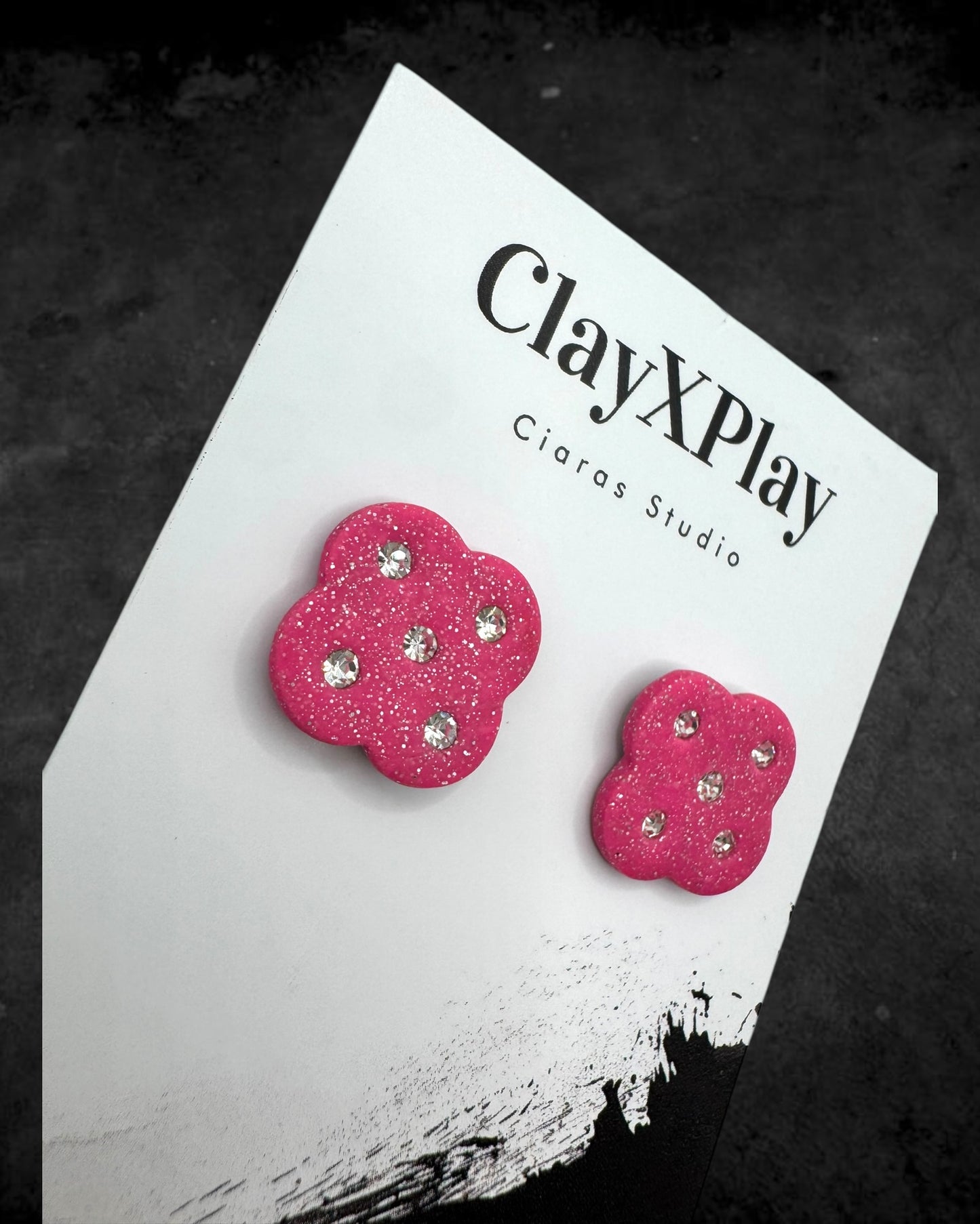 Pink and White Diamond Flower Polymer Clay Stud Earrings Handmade