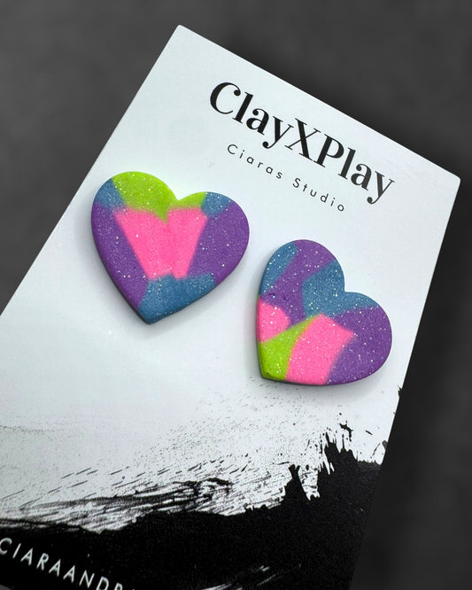 Multi Color Purple Green Blue XL Heart Clay Stud Earrings Handmade Handcrafted