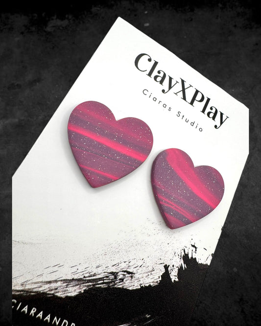 Pink & Purple Polymer Clay Heart Stud Earrings XL Handmade