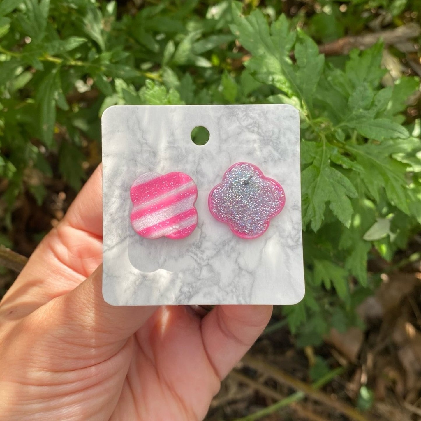 Pink and White Striped Flower Polymer Clay Stud Earrings Handmade Handcrafted