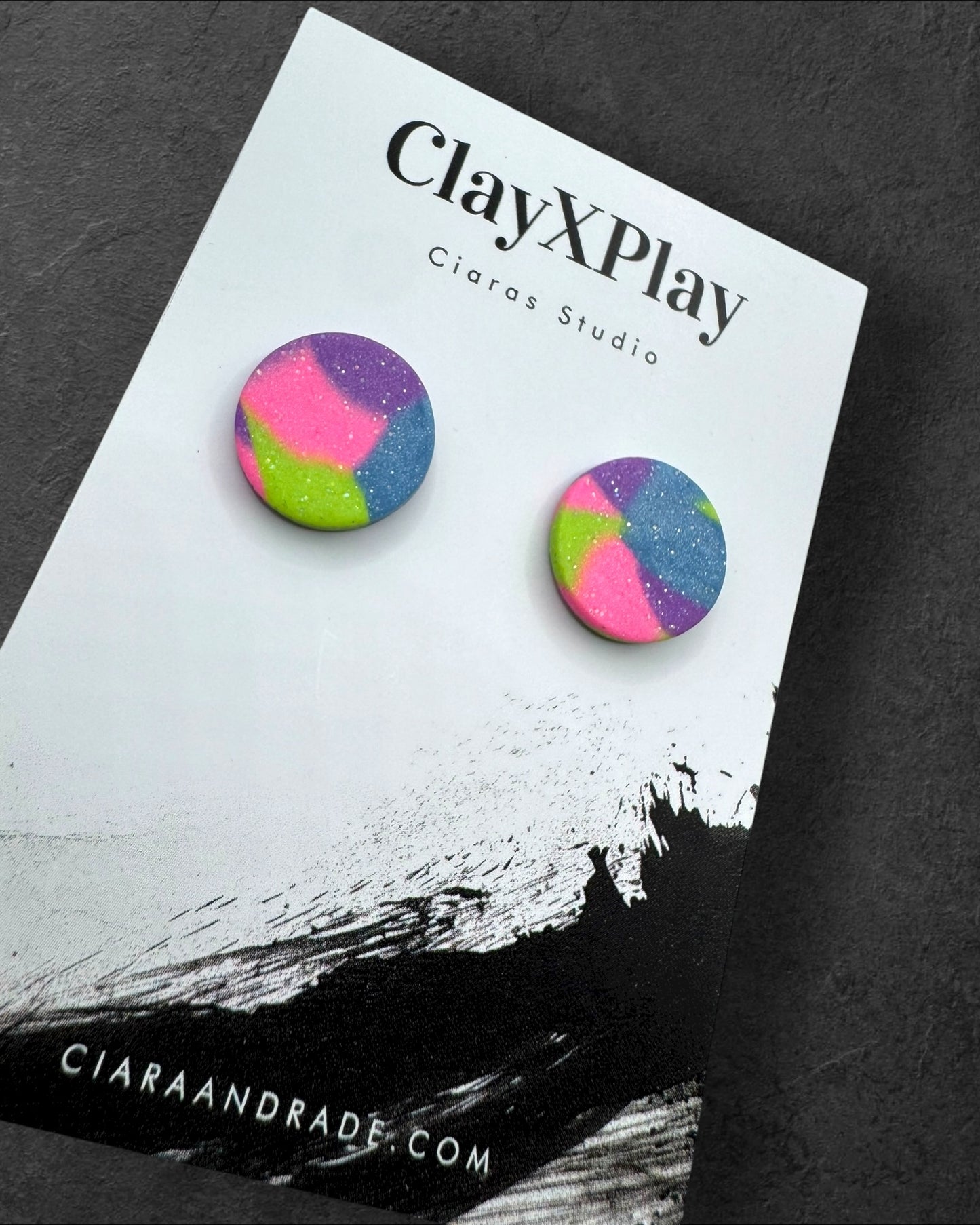Multi Color Purple Green Blue Round Clay Stud Earrings Handmade Handcrafted