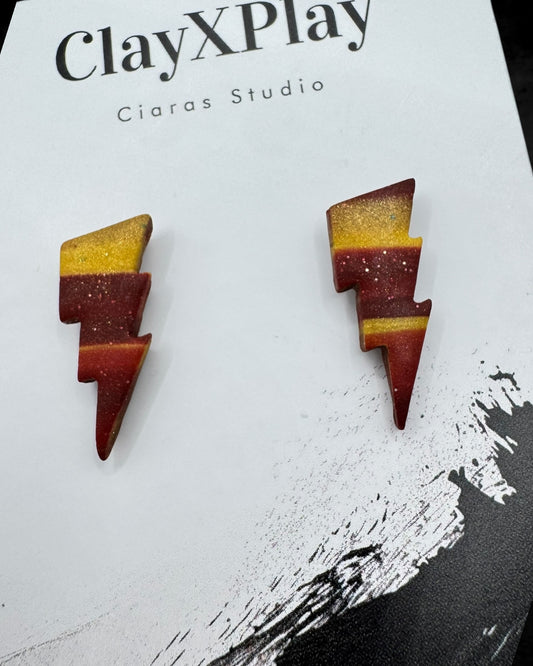 Lightning Bolt Red & Yellow Small Polymer Clay Stud Earrings Handmade