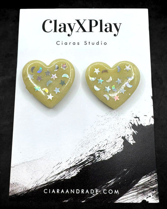 Starry Night Heart Yellow Polymer XL Clay Stud Earrings