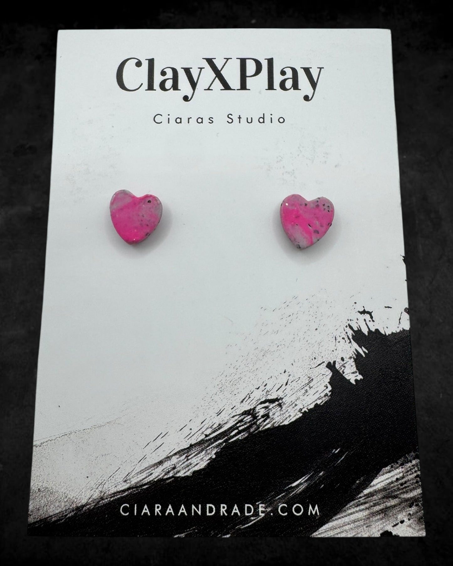Pink & Gray Mini Heart Polymer Clay Stud Earrings Handmade