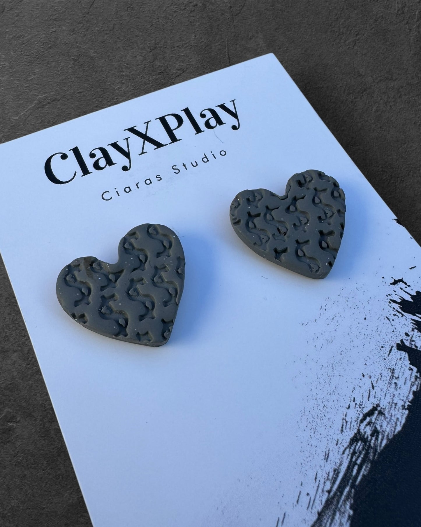 Money Magic Gray Medium Polymer Clay Heart Stud Earrings Handmade
