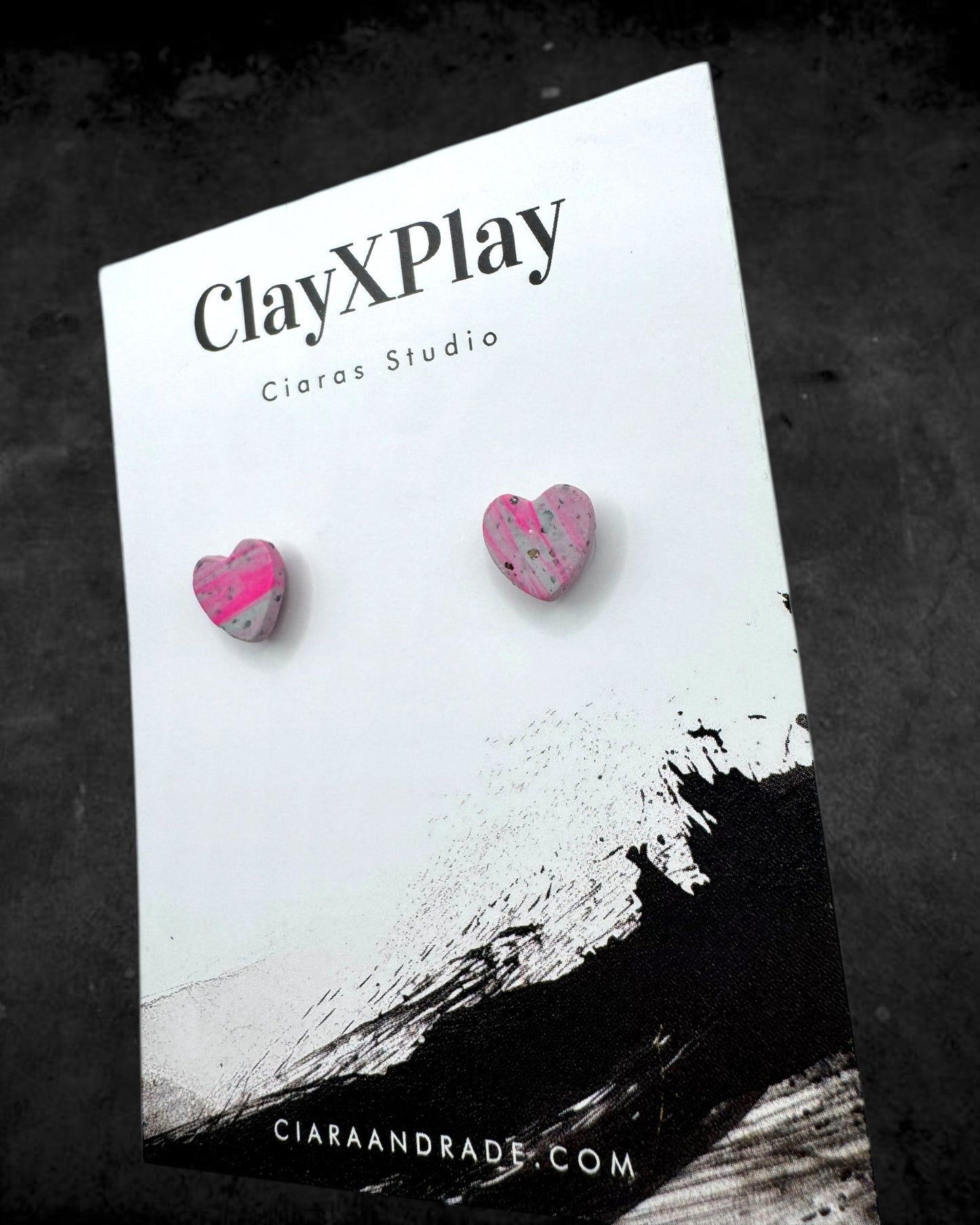 Pink & Gray Mini Heart Polymer Clay Stud Earrings Handmade