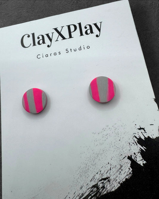 Pink & Gray Mini Round Polymer Clay Stud Earrings Handmade