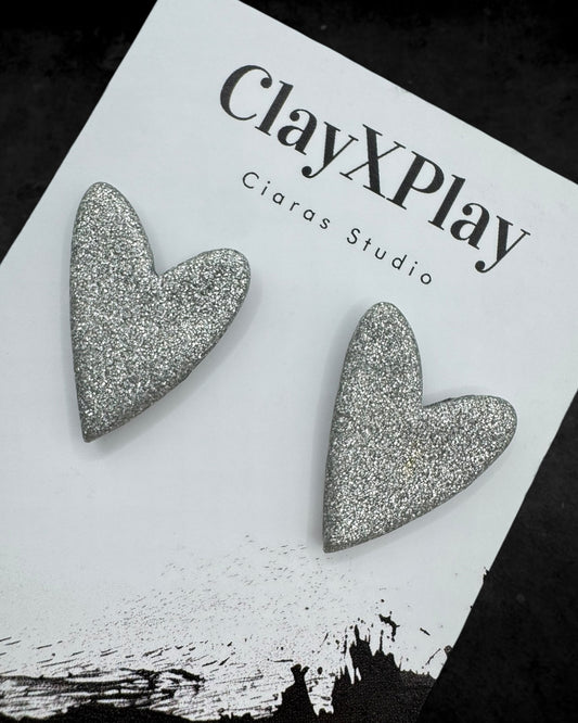 Silver Medium Polymer Clay Heart Stud Earrings Handmade