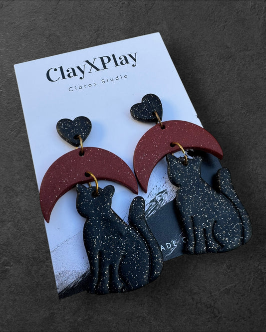 Moon Drop Black Galaxy Cat Polymer Clay Dangle Earrings