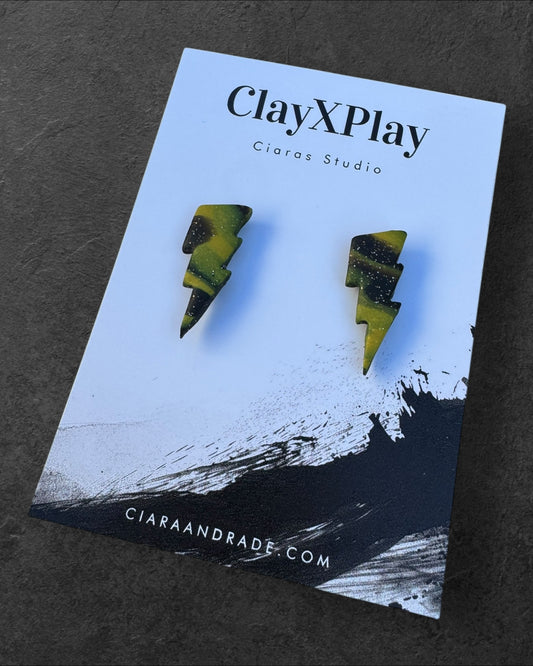 Lightning Bolt Black & Yellow Small Polymer Clay Stud Earrings Handmade
