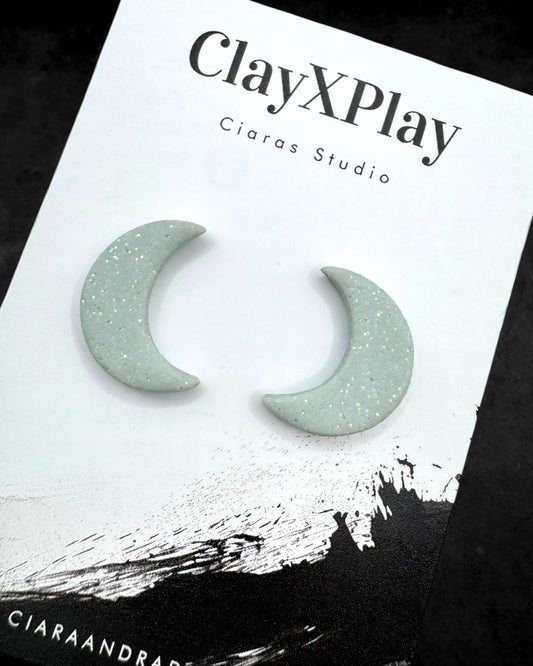 Powder Blue Glitter Moon Polymer Clay Stud Earrings Handmade