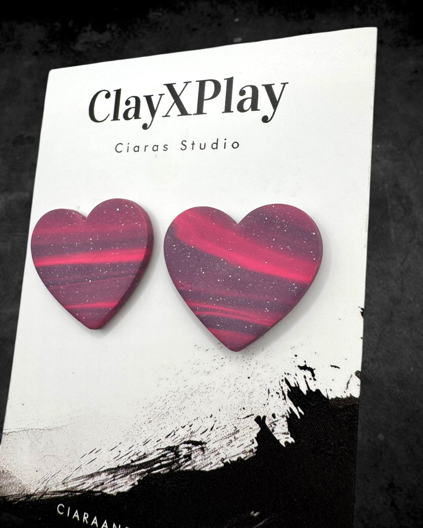 Pink & Purple Polymer Clay Heart Stud Earrings XL Handmade