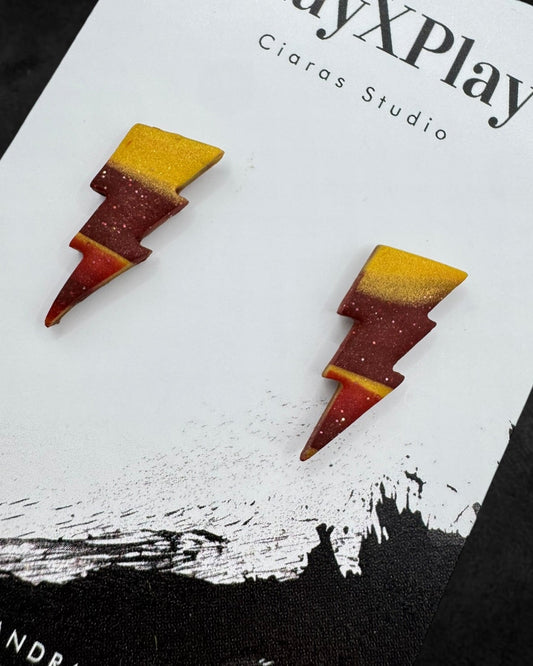 Lightning Bolt Red & Yellow Small Polymer Clay Stud Earrings Handmade