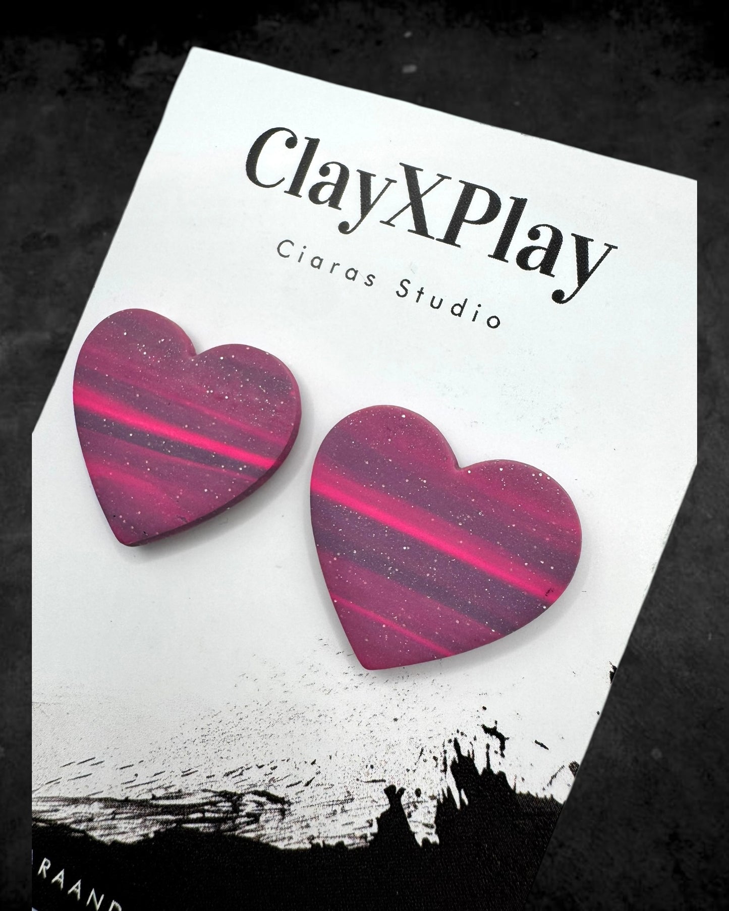 Pink & Purple Polymer Clay Heart Stud Earrings XL Handmade