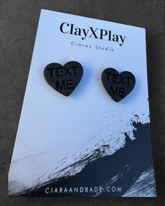 Conversation Heart TEXT ME Valentines Day Medium Black Polymer Clay Heart Stud Earrings – Handmade