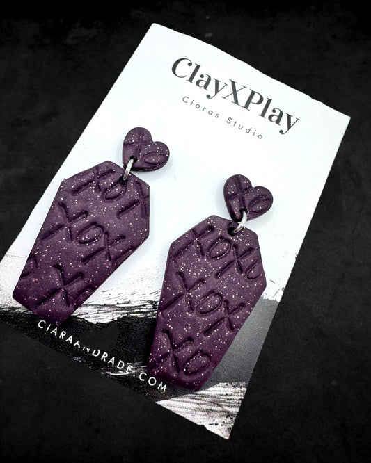 Till Death Do Us Part XOXO Purple Polymer Clay Heart Coffin Stud Earrings Handmade