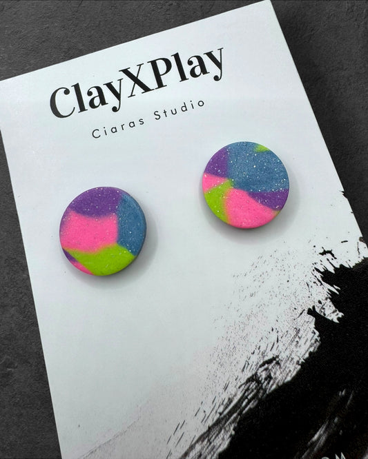 Multi Color Purple Green Blue Round Clay Stud Earrings Handmade Handcrafted