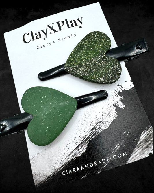 Two Green Glitter Polymer Clay Heart Hair Clip – Handmade Hair Accessory