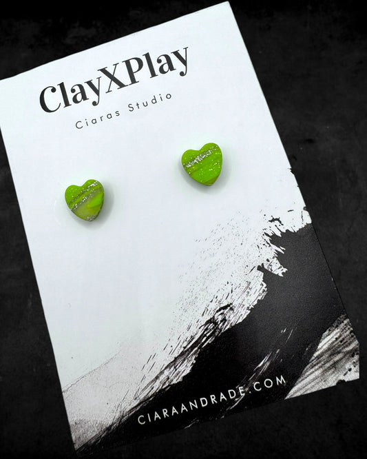 Mini Green & Silver Polymer Clay Heart Studs