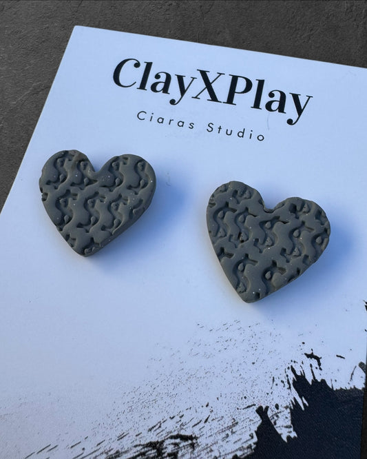 Money Magic Gray Medium Polymer Clay Heart Stud Earrings Handmade